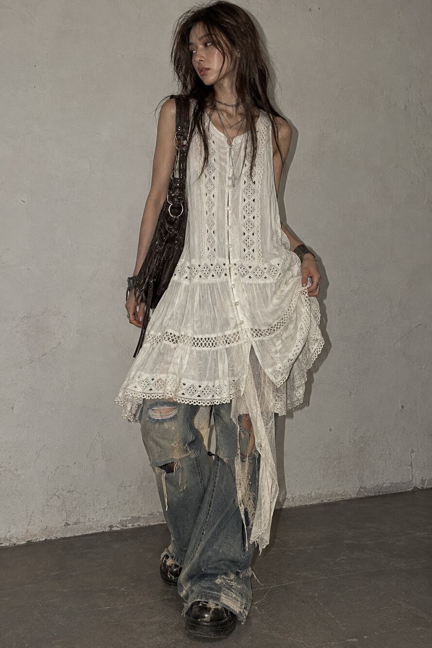 Free People Womens S Ivory Eyelet Lace Tiered Midi Dress Boho NWT